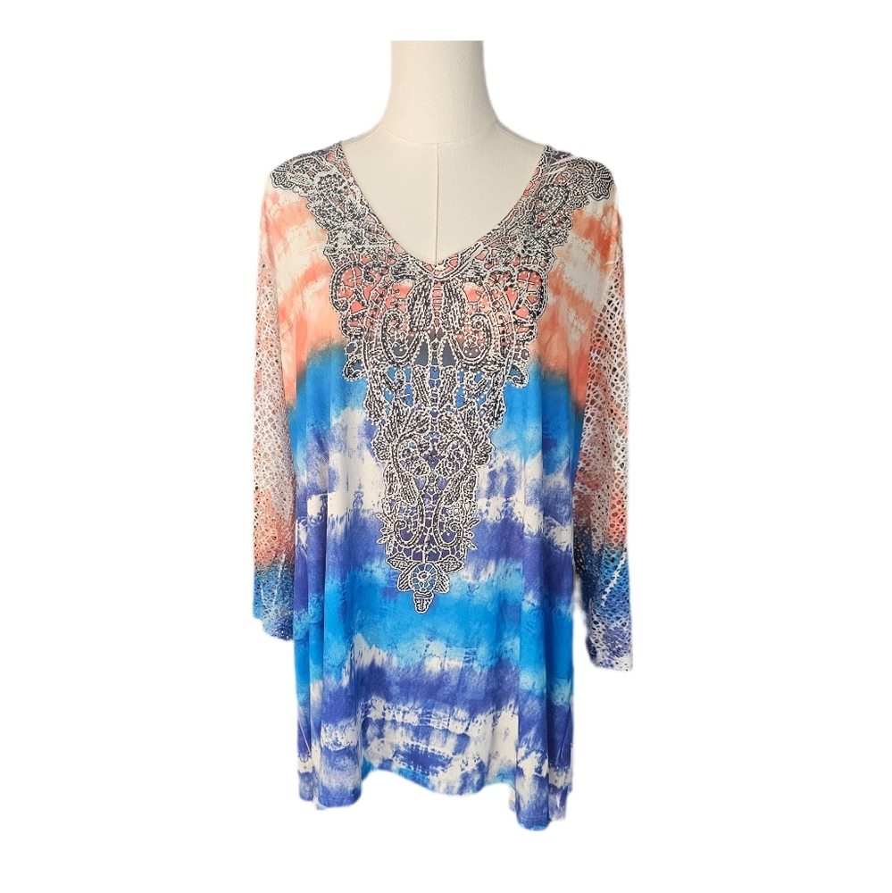 Reba Woman Southwestern Bohemian Tie-Dye V-Neck Top Crochet 3/4 Sleeve 2x W-775